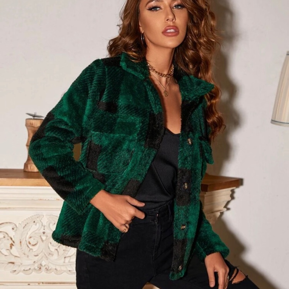 Flap Pocket Button Front Gingham Teddy Jacket